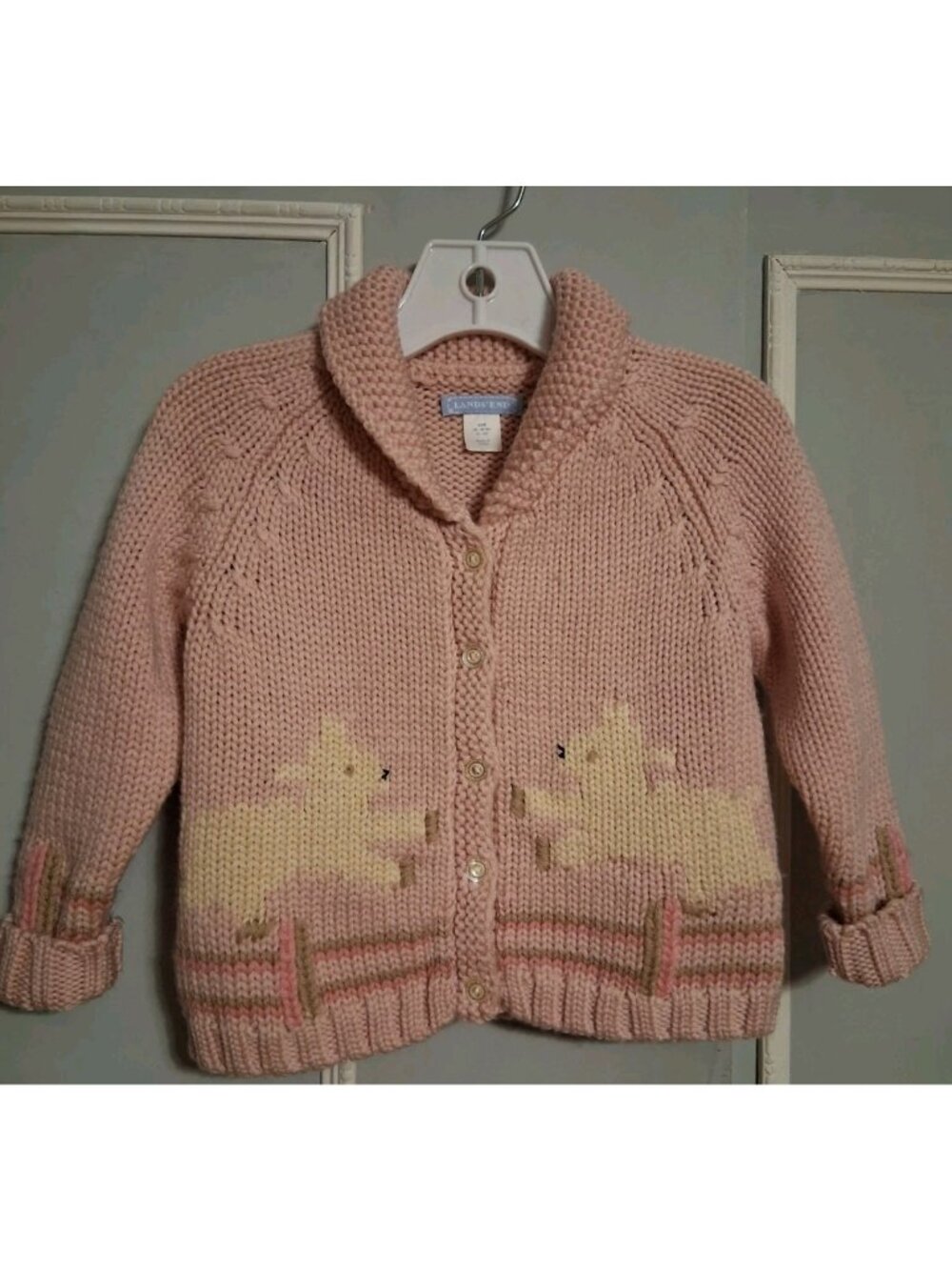 Lands’ End Baby Knit Cardigan Sweater Lamb Sheep 24 Months Pink Wool Vintage